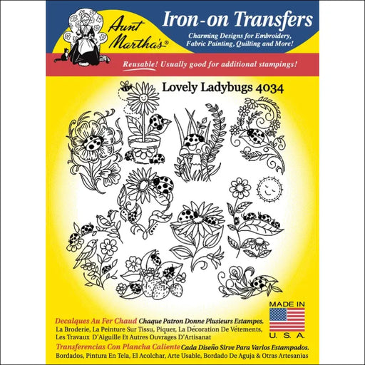 Iron-on transfer sheet with lovely ladybugs and flowers from Aunt Martha’s collection