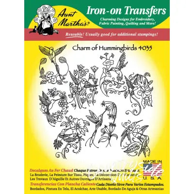 Iron-on transfer sheet of Aunt Martha’s Charm of Hummingbirds for countryside quilts