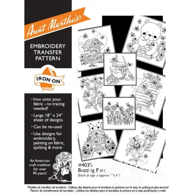 Vintage Aunt Martha’s embroidery transfer pattern featuring Buzzing Bees and flower designs