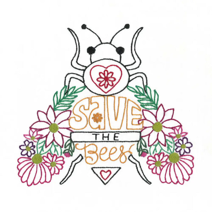 Hand-drawn illustration of a bee with flowers and Save the Bees text on Aunt Martha’s Buzzing Bees embroidery transfer pattern