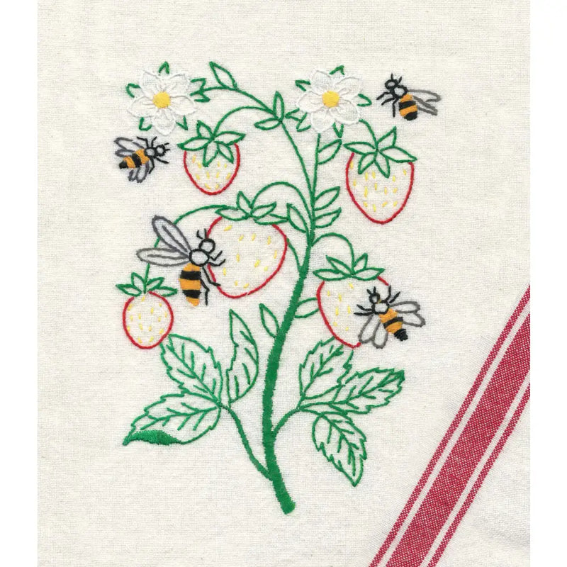 Embroidered Strawberry Plant with Bees and Daisies from Aunt Martha’s Buzzing Bees Pattern
