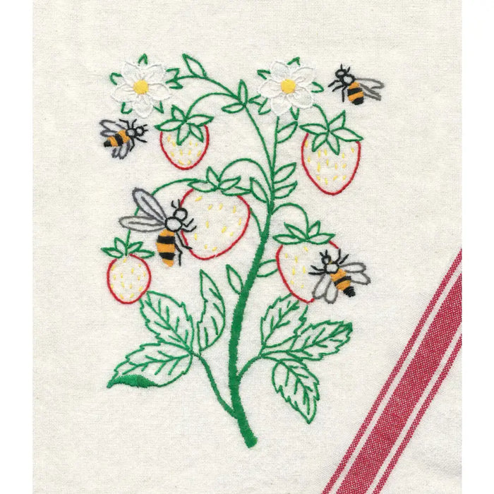 Embroidered Strawberry Plant with Bees and Daisies from Aunt Martha’s Buzzing Bees Pattern