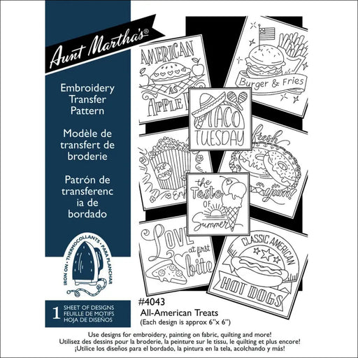 Embroidery transfer pattern set for Aunt Martha’s All-American Treats food designs