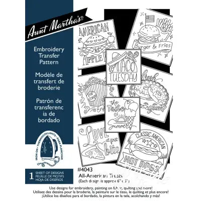 Embroidery transfer pattern set for Aunt Martha’s All-American Treats food designs
