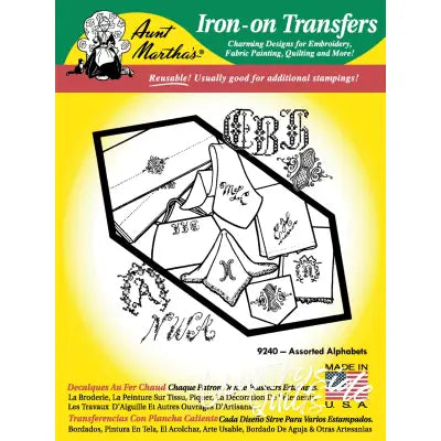 Iron-on transfer pattern sheet of Aunt Martha’s assorted alphabets in various decorative designs