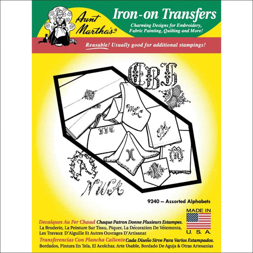 Iron-on transfer pattern sheet of Aunt Martha’s assorted alphabets in various decorative designs