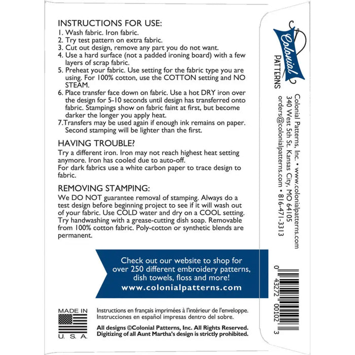 Instructions for using iron-on fabric transfers from Aunt Martha’s #9475 Down Mexico Way