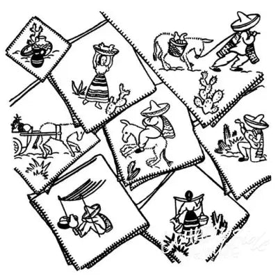 Aunt Martha’s #9475 Down Mexico Way features Mexican-themed line drawings in diamond panels