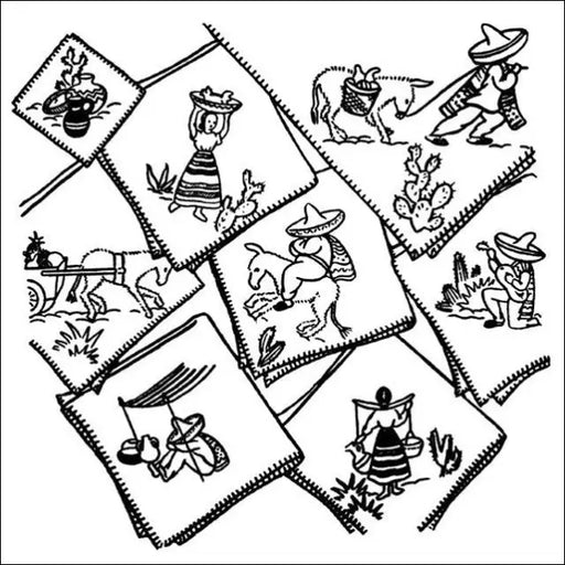 Aunt Martha’s #9475 Down Mexico Way features Mexican-themed line drawings in diamond panels