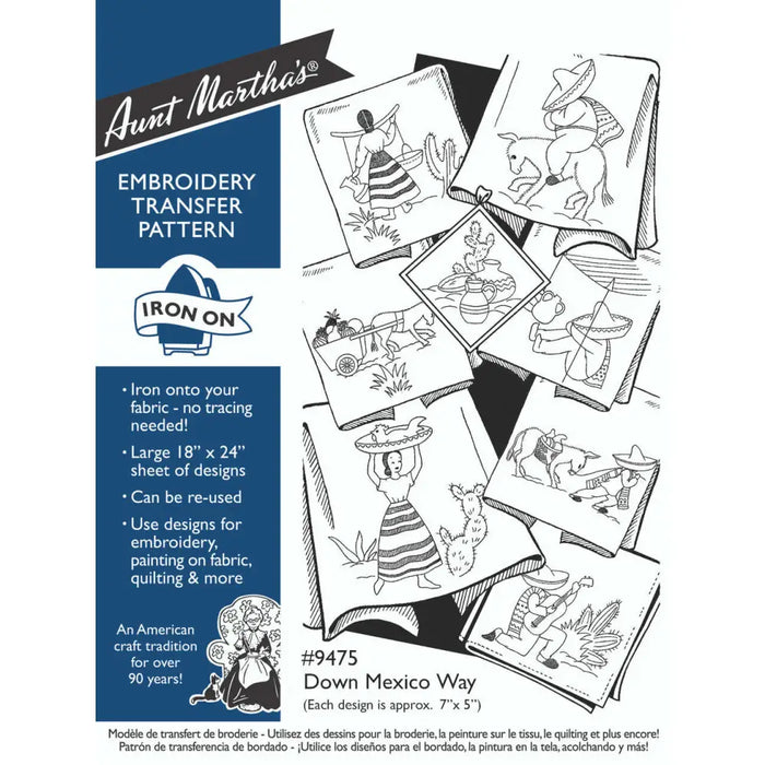 Vintage Aunt Martha’s embroidery transfer pattern with Mexican designs for quilting