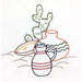 Simple line drawing of pottery vessels and a cactus plant in Aunt Martha’s Down Mexico Way