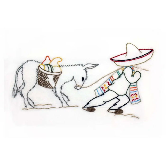 Simple sketch of a donkey and dancer in traditional attire for Aunt Martha’s quilting design