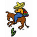 Cartoon figure in sombrero rides bucking horse near cactus in Aunt Martha’s quilting design