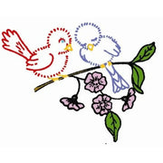 Two cartoon birds on a pink blossom branch from Aunt Martha’s quilting collection