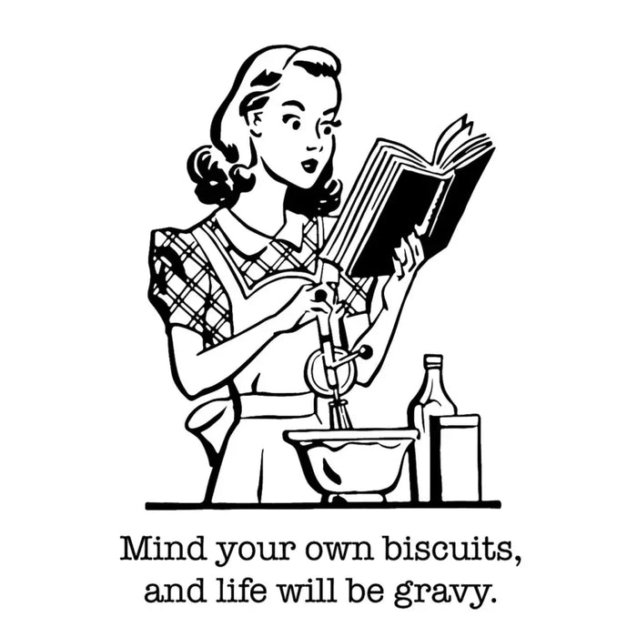 Retro illustration of cooking from Aunt Martha’s Dirty Laundry with humorous biscuits and gravy text