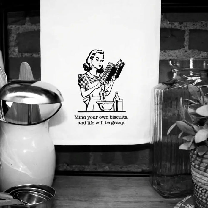 White mug with vintage-style illustration for Aunt Martha’s Dirty Laundry gravy tea