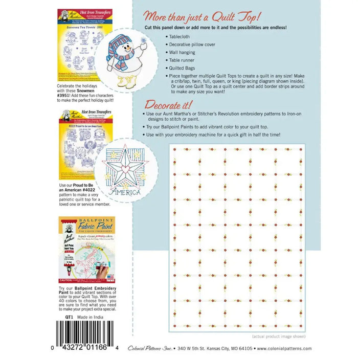 Back cover of Aunt Martha’s Quilting book showcasing designs and Retro Flower Print