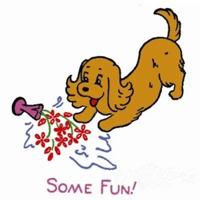 Aunt Martha’s® playful cocker puppy knocking over flowers on countryside quilts artwork