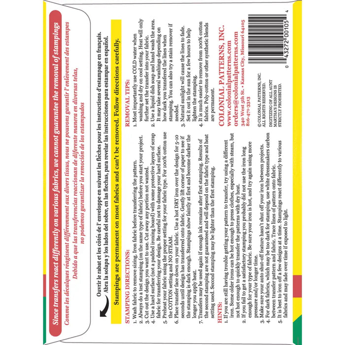 Back cover of Aunt Martha’s® #3111 manual showcasing beautiful floral motifs and product details