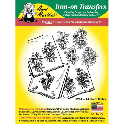 Aunt Martha’s® #3254 14 Floral Motifs iron-on transfer sheet with floral motifs design