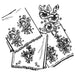 Black and white line drawing of embroidered floral motifs handkerchiefs for Aunt Marthas®