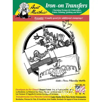 Iron-on transfer pattern from Aunt Martha’s® #3268 featuring three floral pillowcase motifs for countryside quilts