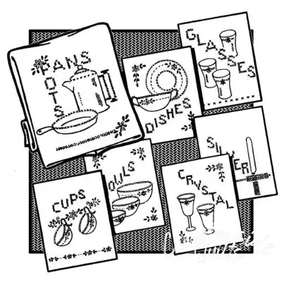 Hand-drawn recipe cards featuring cross stitch dishes from Aunt Martha’s® countryside quilts collection