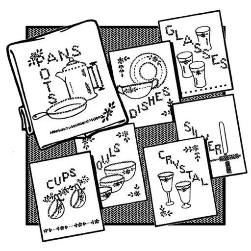 Hand-drawn recipe cards featuring cross stitch dishes from Aunt Martha’s® countryside quilts collection