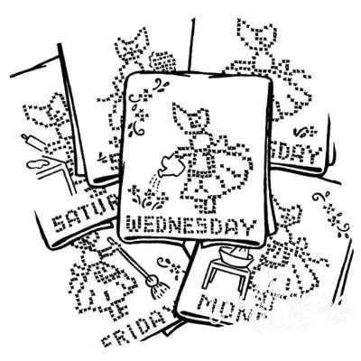 Embroidered day-of-the-week towels featuring cross stitch colonial girl design by Aunt Marthas®