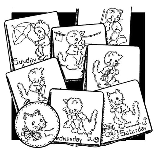 Collection of daily calendar illustrations with a kitten cross stitch featuring Aunt Martha’s® countryside quilts