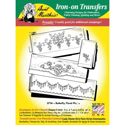 Aunt Martha’s® iron-on transfers featuring floral motifs and butterfly & floral designs