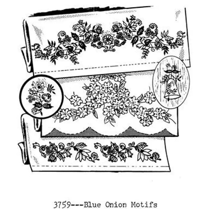 Floral embroidery patterns featuring Blue Onion design on Aunt Martha’s® countryside quilts