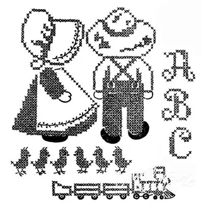 Cross-stitched countryside quilts featuring Sunbonnet Sue and Overall Bill by Aunt Martha’s®