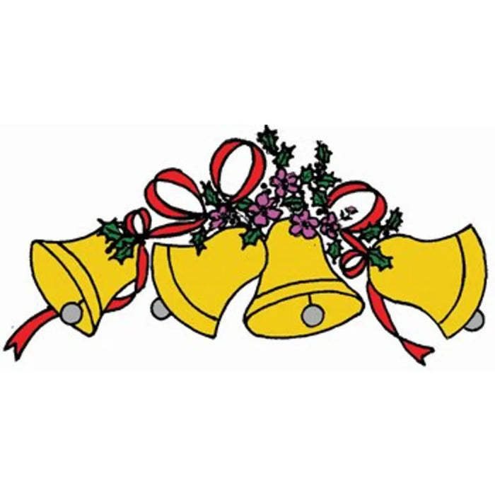 Golden Christmas bells with red ribbons from Aunt Martha’s® Bells & Holly collection