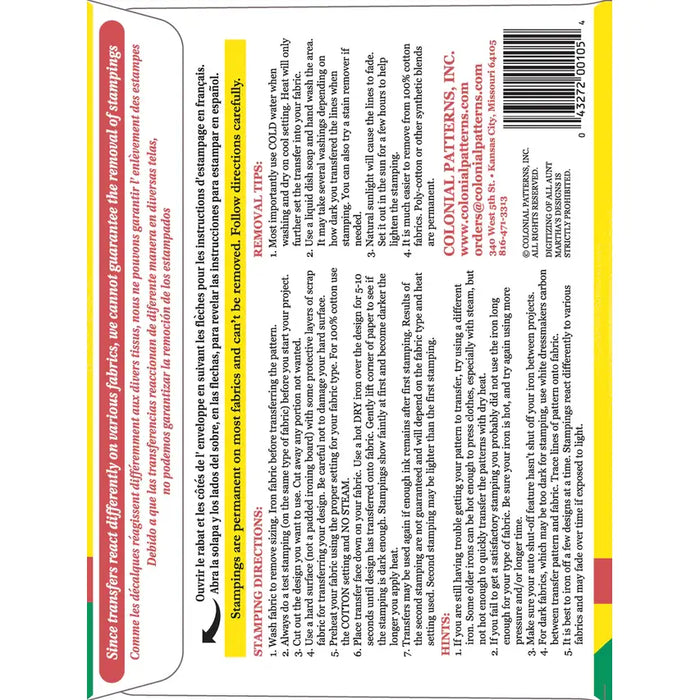 Aunt Marthas® countryside quilts stamping instructions and removal tips for product #3870