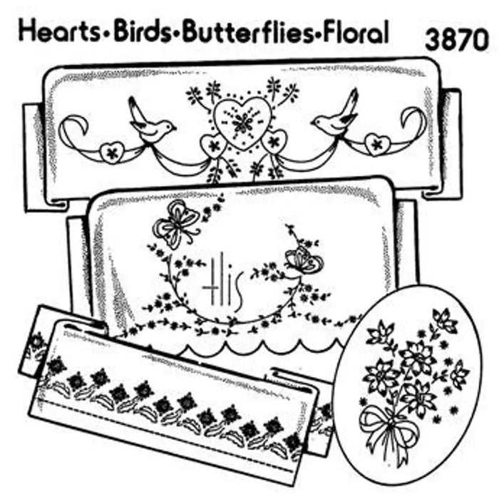 Embroidery pattern sheet for Aunt Marthas® #3870 featuring hearts, birds, butterflies, and floral designs for countryside quilts
