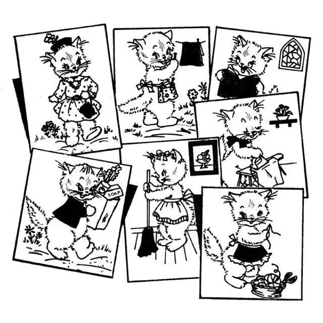Cartoon kitten illustrations from Aunt Martha’s Miss Kitty Kat featured on Countryside Quilts