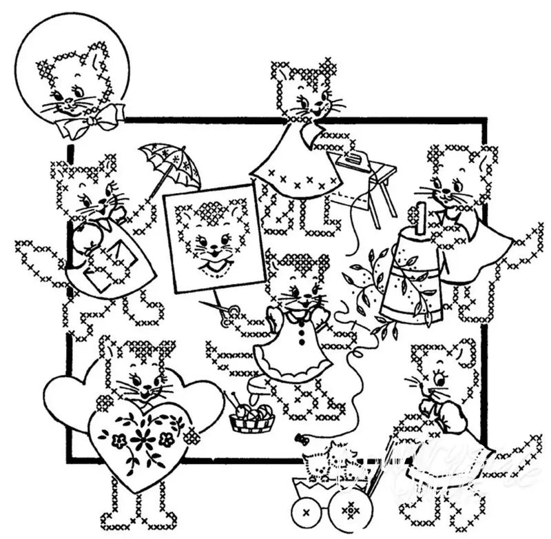 Cross-stitched kitten craft scene from Aunt Martha’s® Purr-sonality Kat for countryside quilts