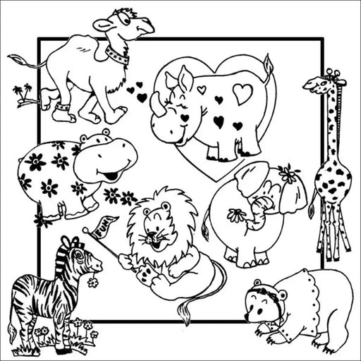 Whimsical animals from Aunt Martha’s® #3891 decorated with hearts and flowers