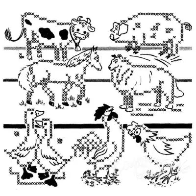 Cross-stitched farmyard animals on Aunt Marthas® countryside quilts for embroidery projects