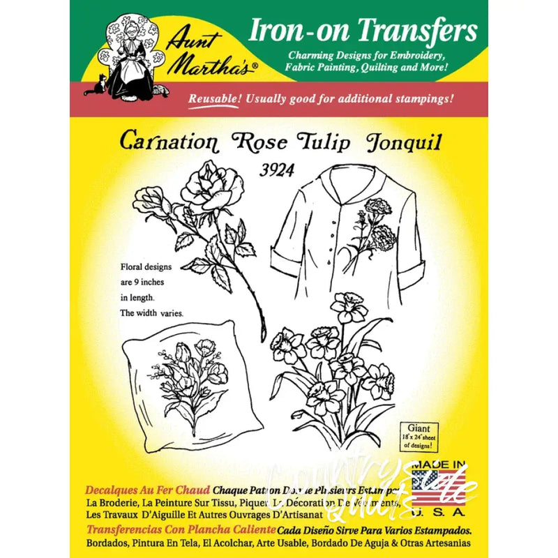 Iron-on transfer pattern featuring large carnation for Aunt Marthas® countryside quilts