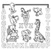 Alphabet-themed coloring page with toys from Aunt Martha’s Kid’s Letter Sampler countryside quilts