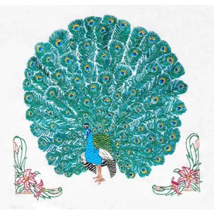 Embroidered handsome peacock with floral accents on Aunt Martha’s® countryside quilts