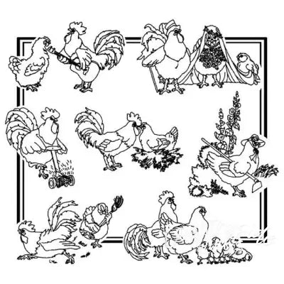 Cartoon chickens performing human activities on Aunt Marthas® Chicken Delight countryside quilts