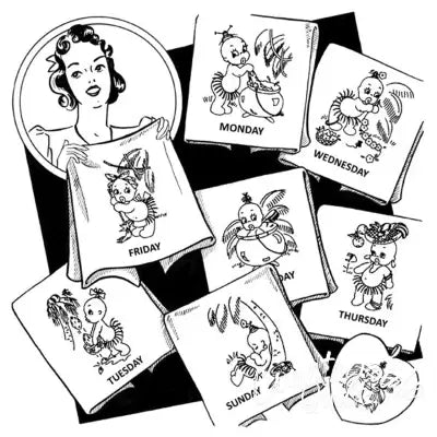 Vintage embroidered day-of-the-week towels featuring Tropical Babies design by Aunt Martha’s®