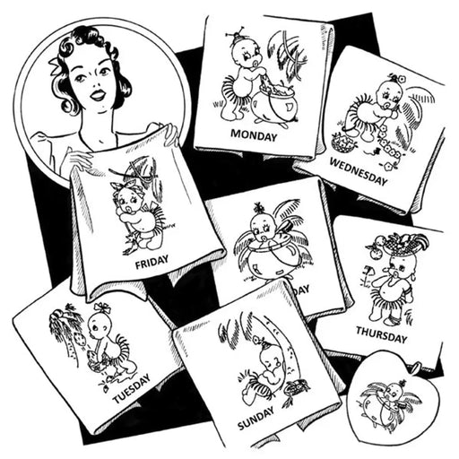 Vintage embroidered day-of-the-week towels featuring Tropical Babies design by Aunt Martha’s®
