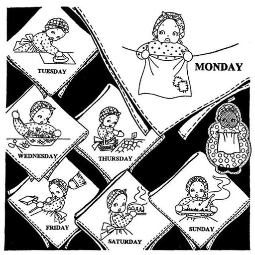 Days-of-the-week handkerchief set from Aunt Martha’s® The Merry Maid for countryside quilts