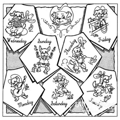 Cartoon dog days of the week embroidery pattern for countryside quilts by Aunt Martha’s®