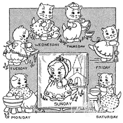 Illustration of kitten chores for Aunt Martha’s® countryside quilts featuring kitten-themed days of the week
