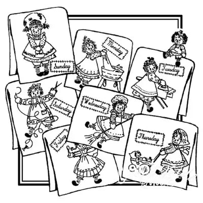 Raggedy Ann days-of-the-week embroidery patterns featuring Shaggy Maggie by Aunt Martha’s® for countryside quilts